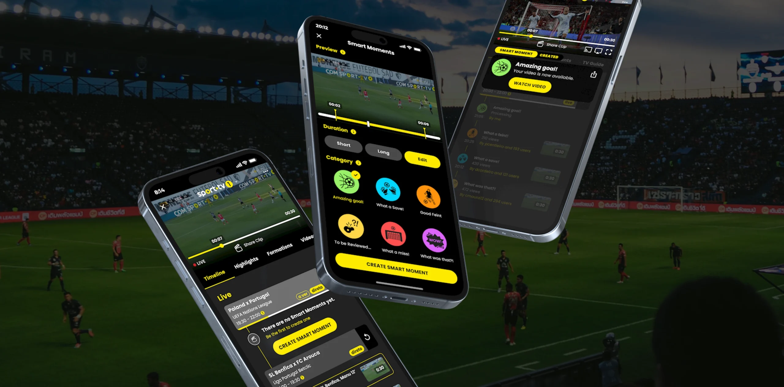 mockups of 3 moments in creating a smart moment on the sporttv app